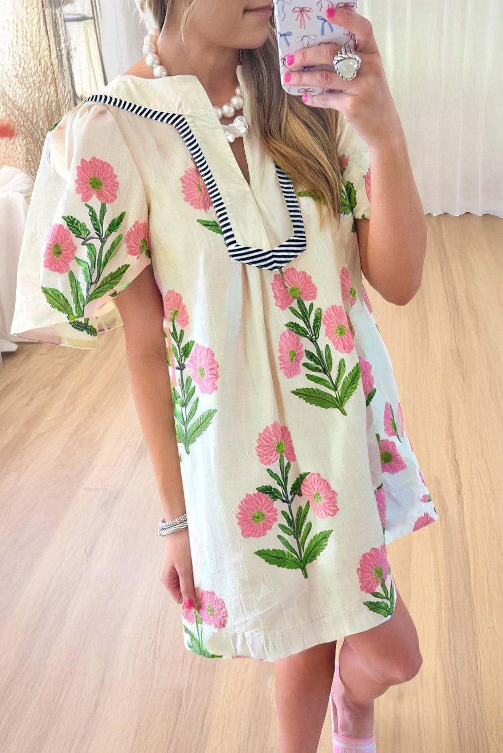 Blue Striped Trim Short Sleeve Split Neck Floral Mini Dress Apricot fe16f50800909d61