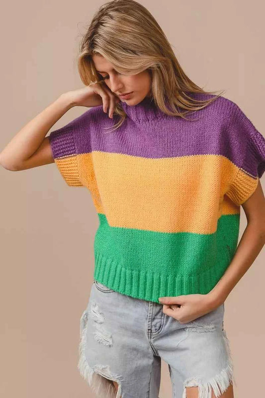 Mardi Gras Color Block Drop Shoulder Sweater Top fe18c66412f24769b449bc2ec325fb0f-Max-Origin