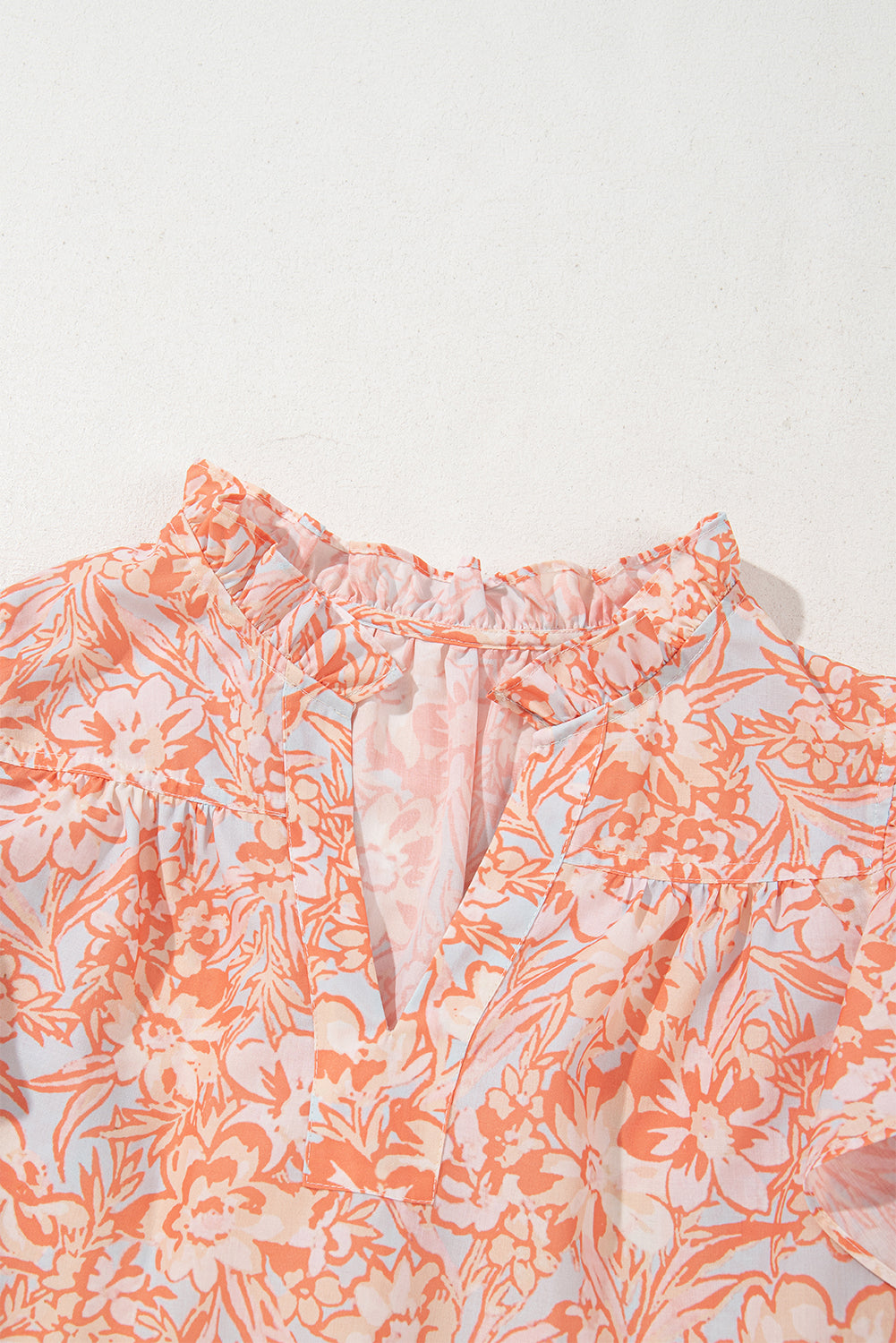 Orange Floral Ruffle Sleeve Split Neck Blouse fe1bc4cc9f86edfb