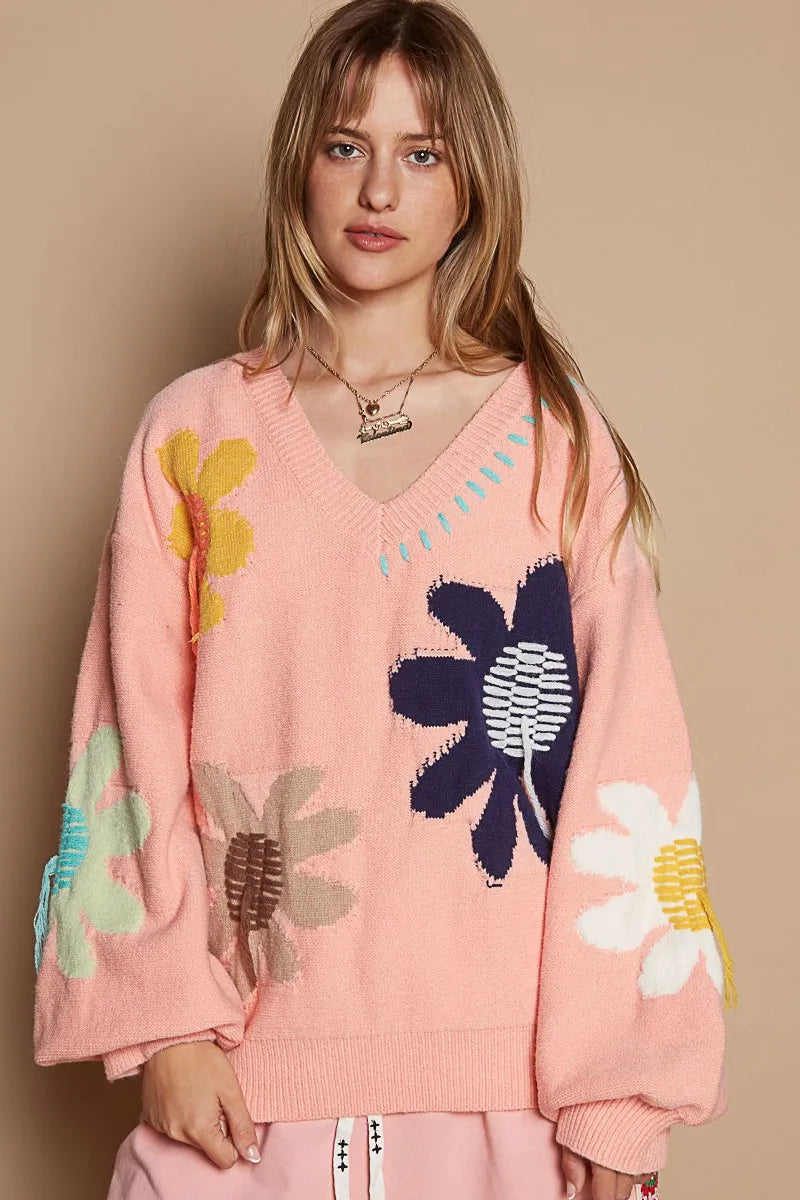 POL V-Neck Long Sleeve Flower Fringe Sweater fe1d52be-ec71-4a5b-9f0e-277fa2bef33f-Max
