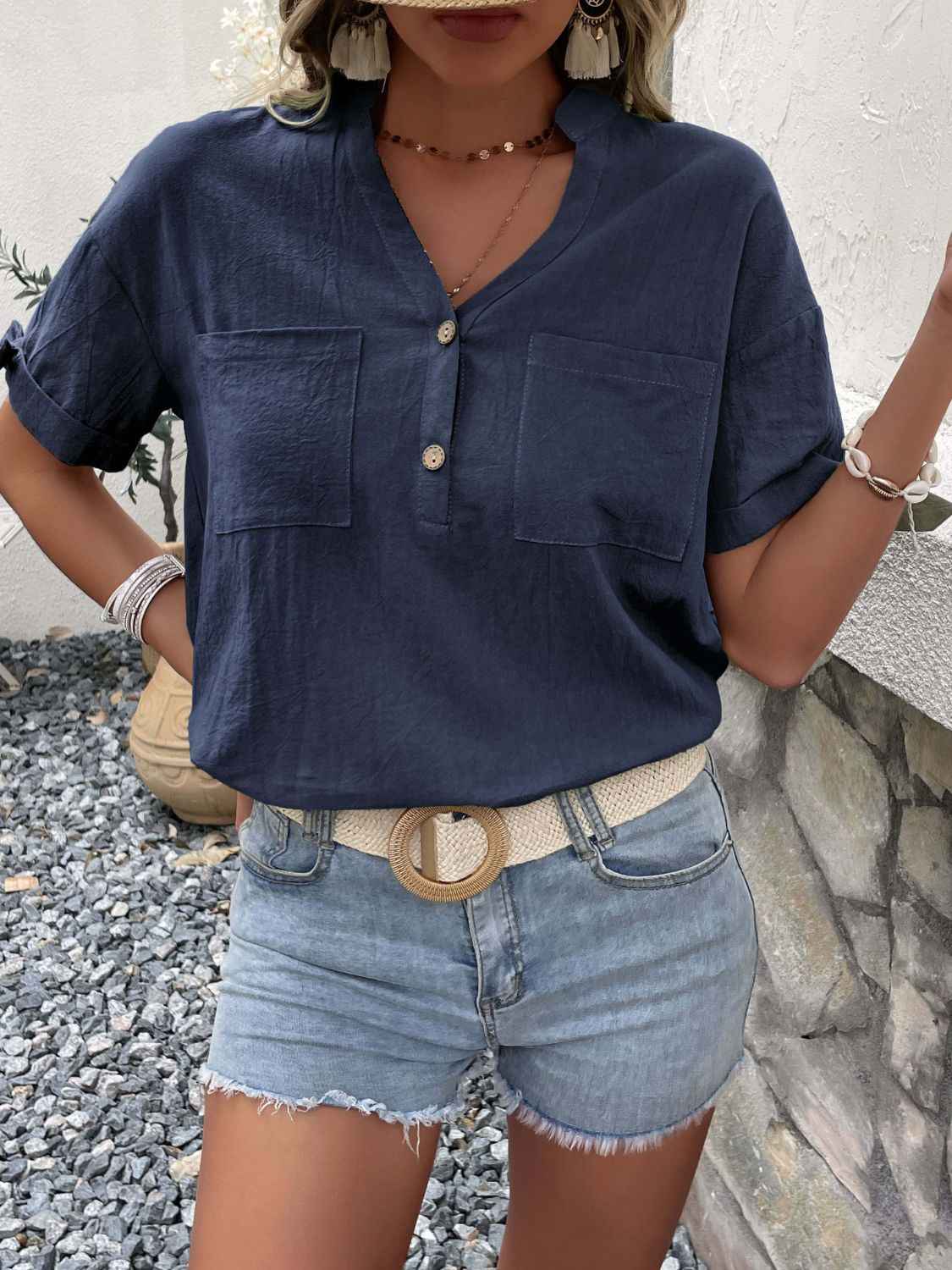 Perfee Buttoned Notched Neck Cuffed Sleeve Blouse fe1fbcf68e50485d8c8cc4b030a87baf-Max