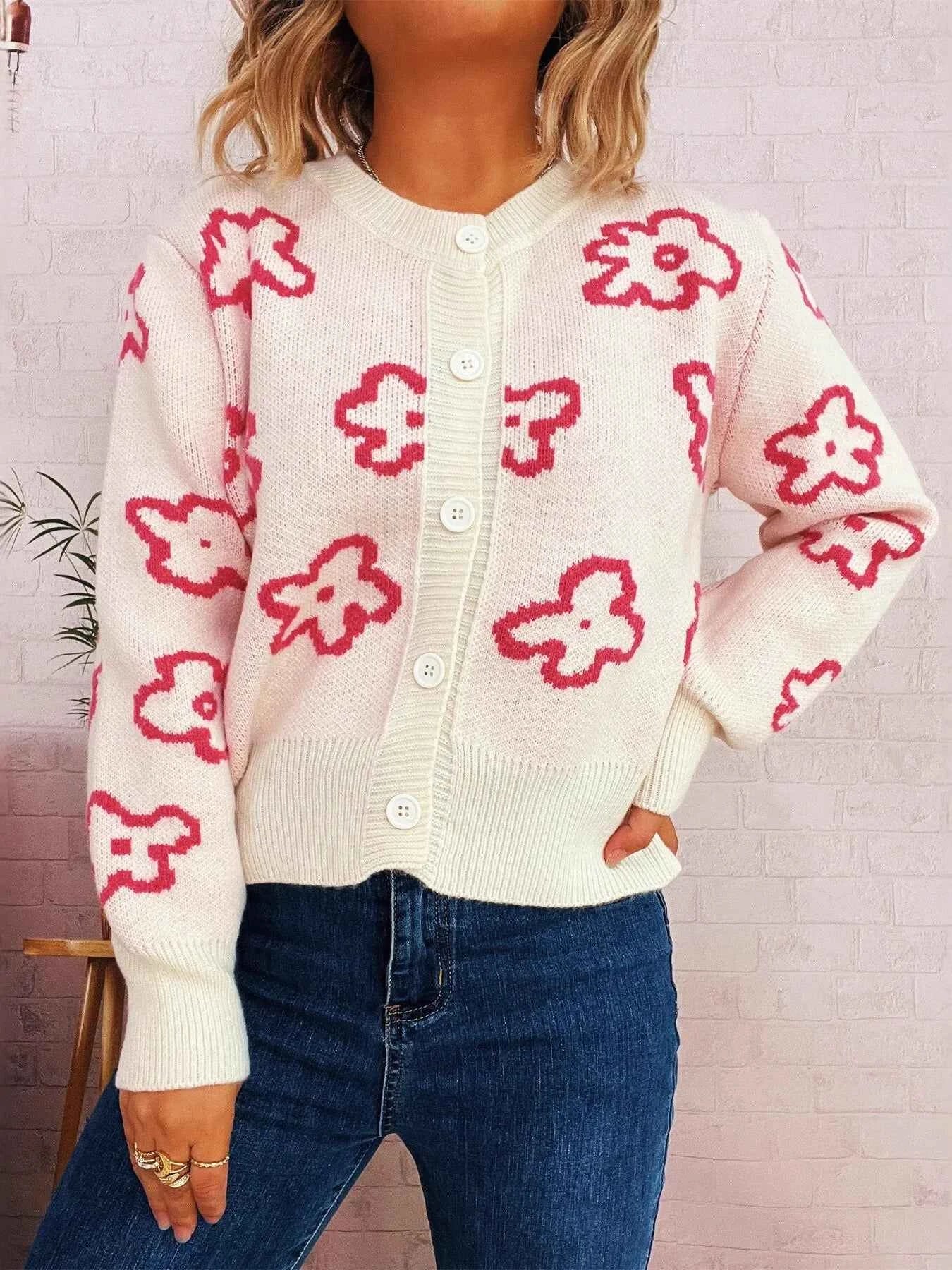 Floral Pattern Button-Up Cardigan White One Size fe21bb56b52346528c1bd95d4fc83f6e-Max-Origin