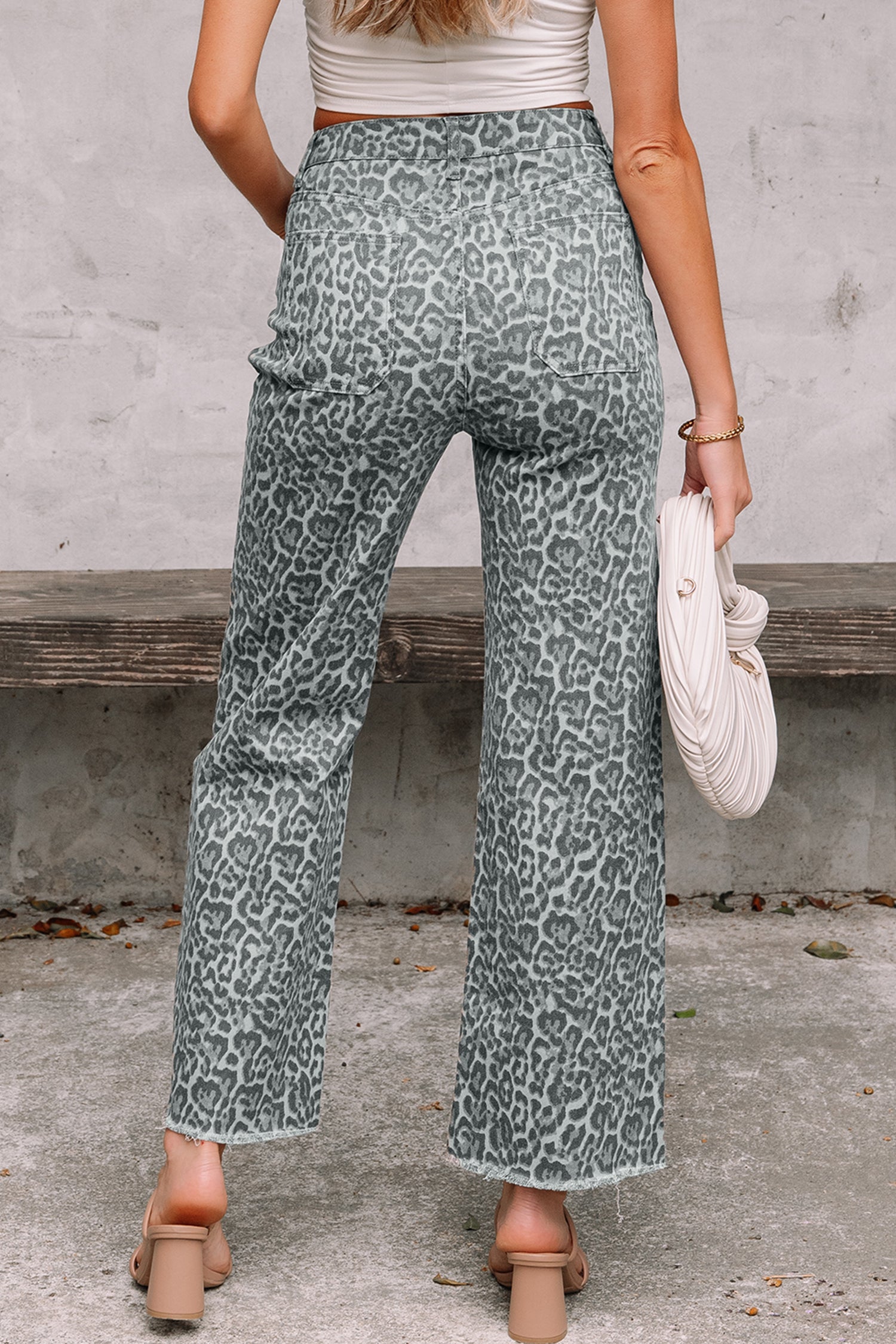 Gray Leopard Frayed Edge Wide Leg High Waist Jeans fe24fe303aede1be