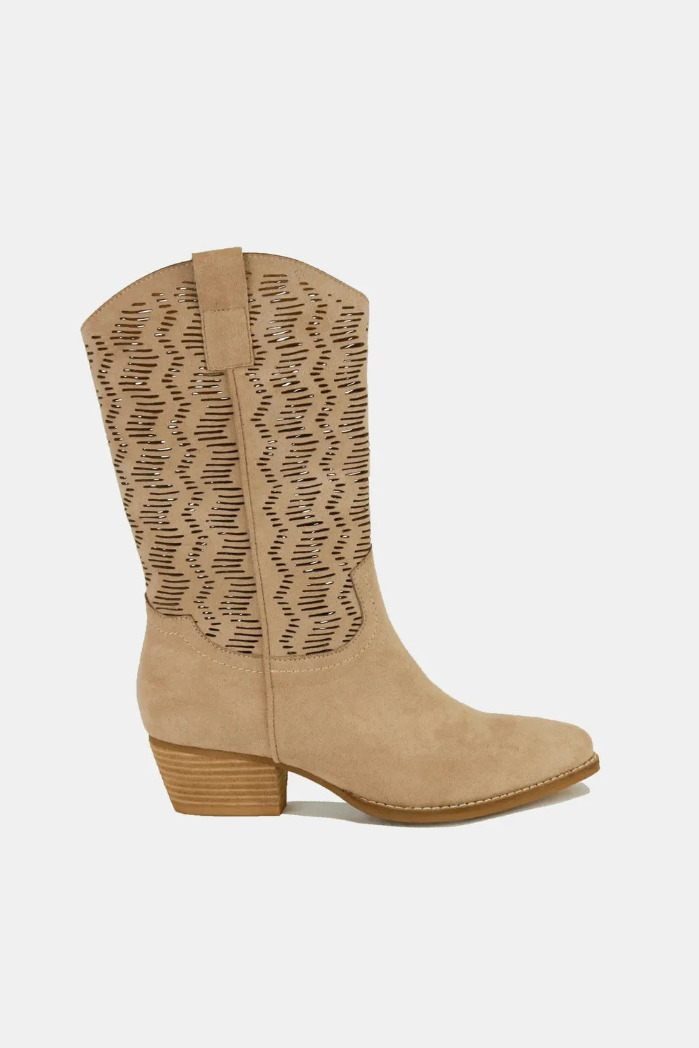 Beast Fashion Faux Suede Laser Cut Detail Block Heel Boots fe276837-e618-4a26-a99e-82be85b98ccc-Max