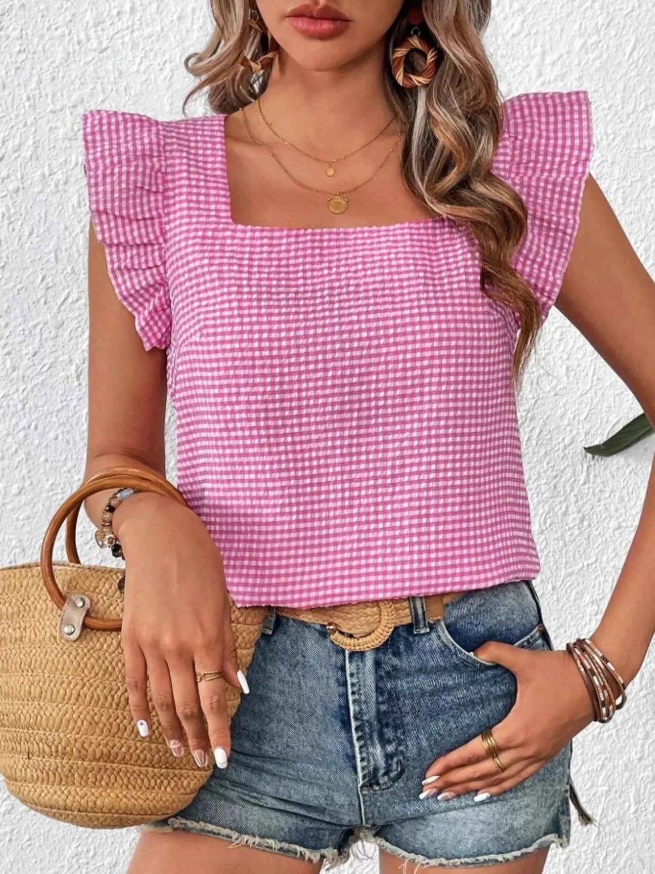 Gingham Ruffle Sleeve Square Neck Blouse fe285892-ca30-43a6-acc4-4a17c21ce30f-Max-Origin
