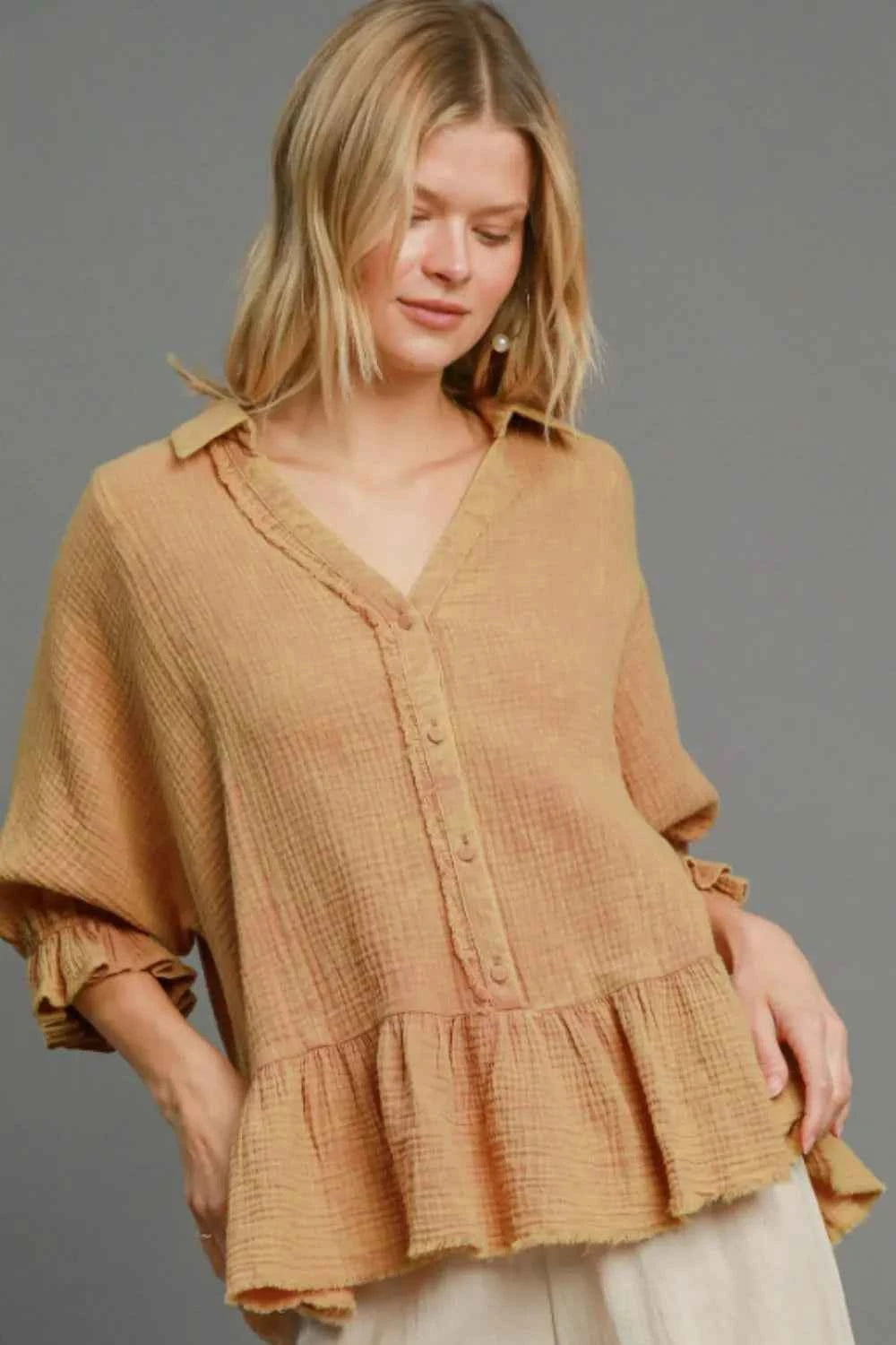 Umgee Full Size Mineral Washed Cotton Gauze Top Plus Size LATTE fe2ebfb8-3aa2-4a1d-8fa1-ccce5ee5fc75-Max