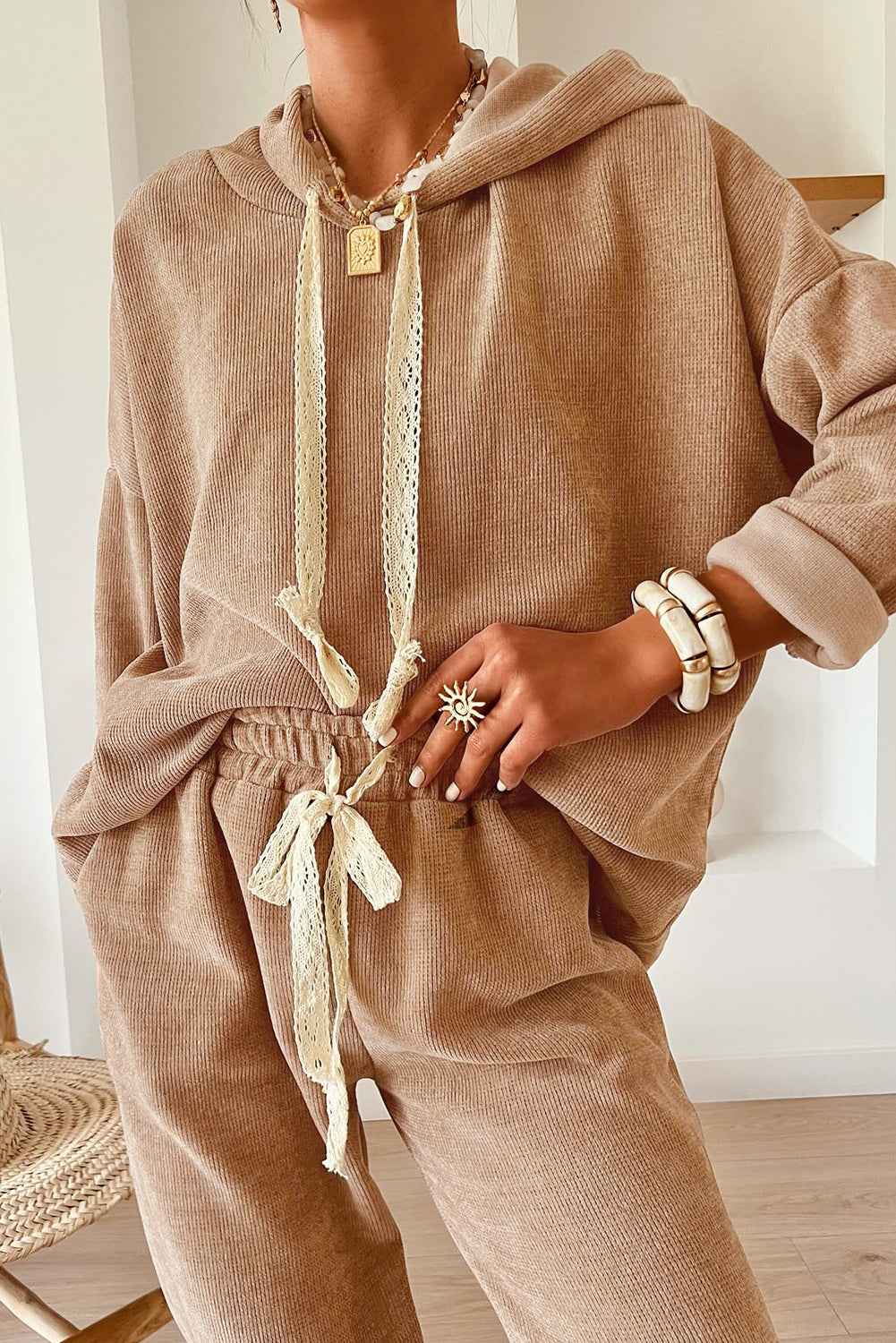 Jet Stream Drawstring Pullover Hoodie and High Waist Pants Corduroy Suit fe390f8c3c7bc925