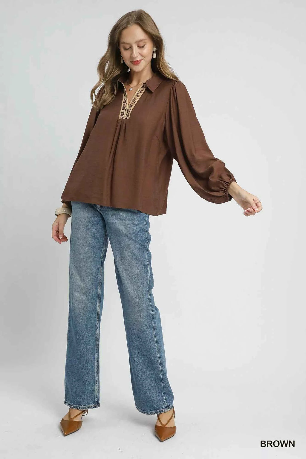 Umgee Long Sleeve Blouse with Leopard Print Trim fe39a69d-850b-4fe9-987b-f104f825efb5-Max-Origin