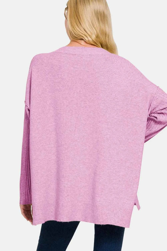 Zenana V-Neck Side Slit High-Low Sweater fe39d39b-ba77-4563-9ae6-ab2195ad45f3-Max