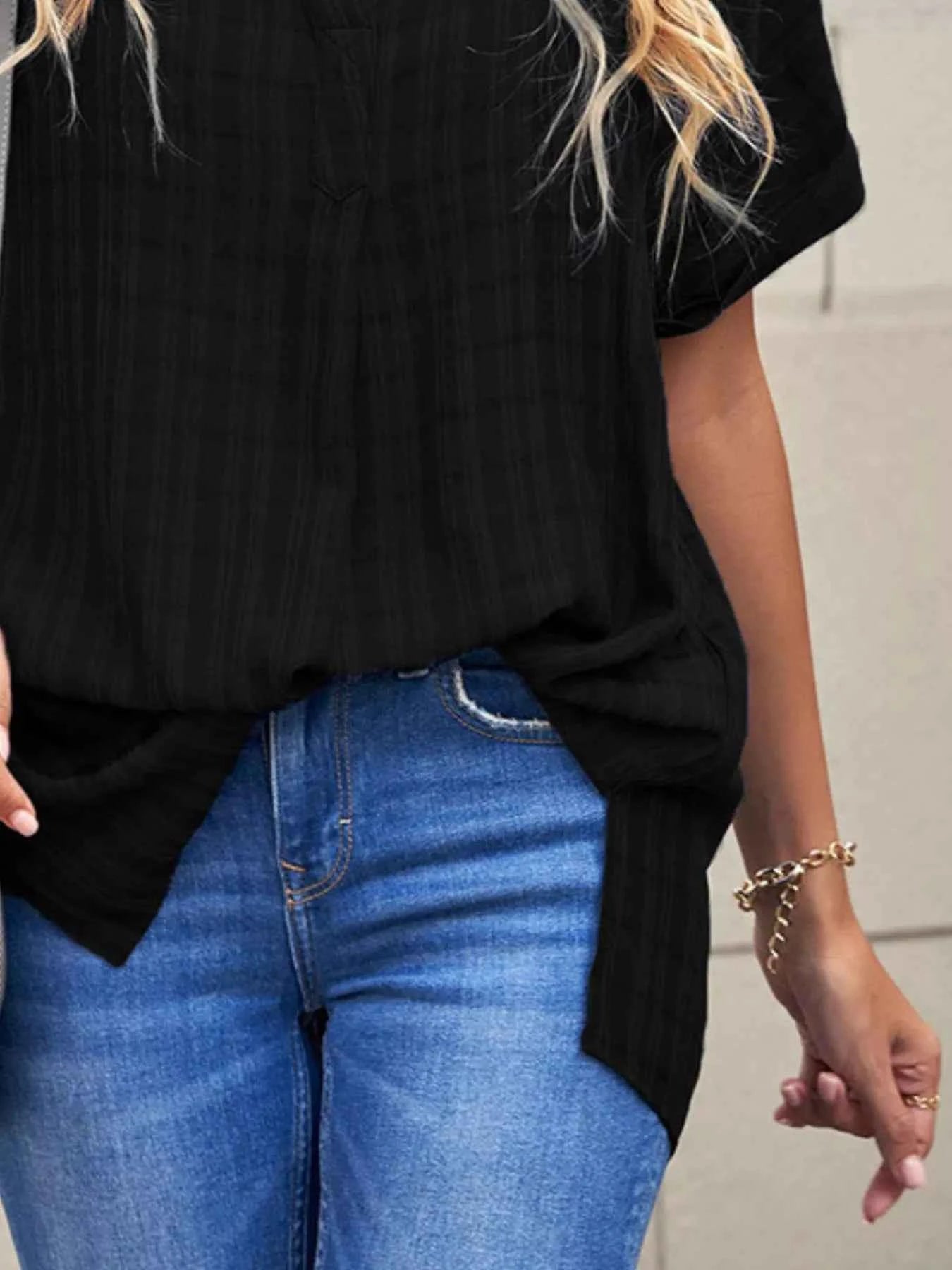Notched Short Sleeve Blouse fe39f6ad-e329-4153-900b-4b5c24822b7b-Max-Origin