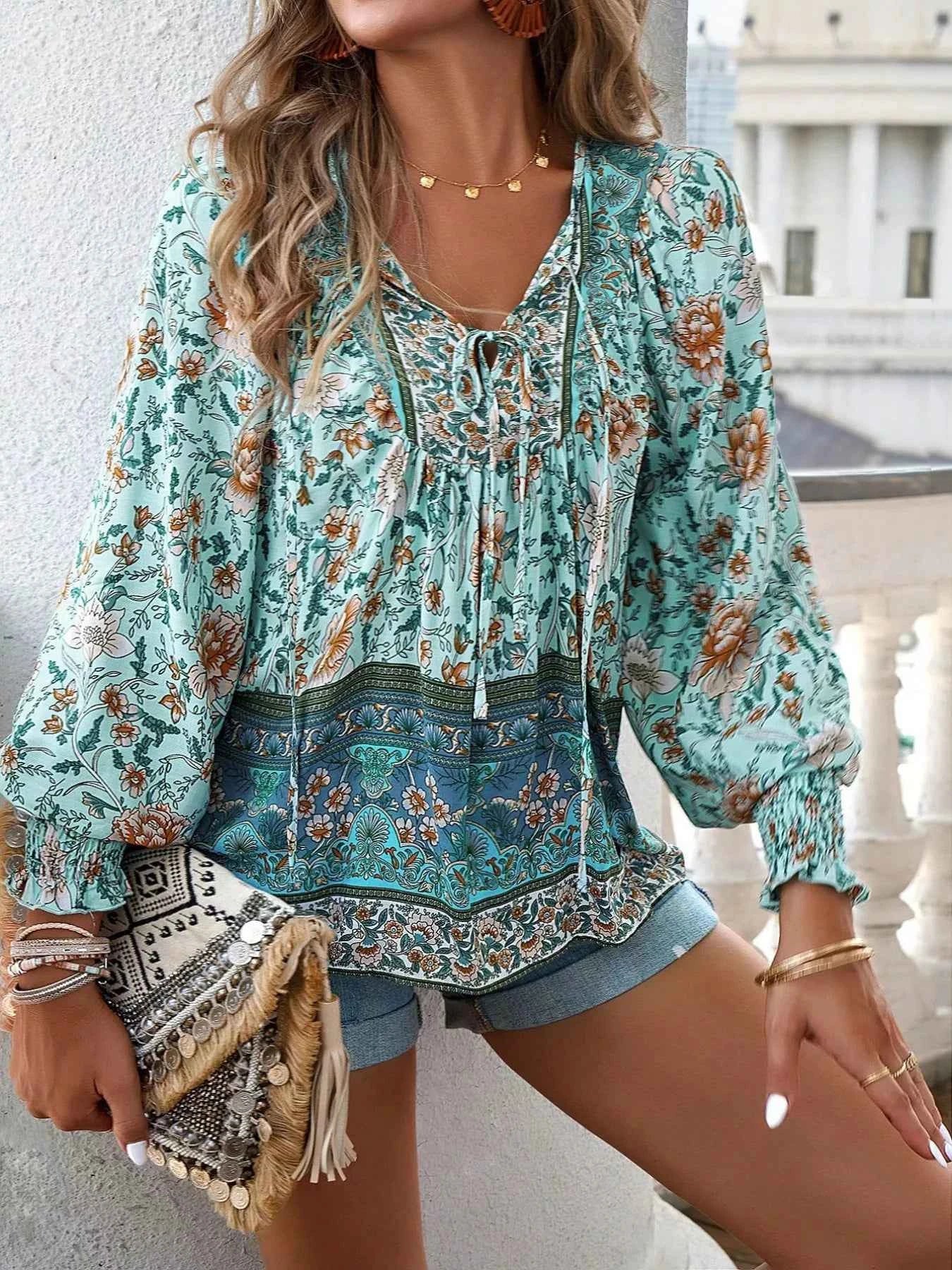 Floral Print Tie Neck Bohemian Blouse Air Force Blue fe3ccfb5-a20e-4012-b70d-ca009dbe5b03-Max-Origin
