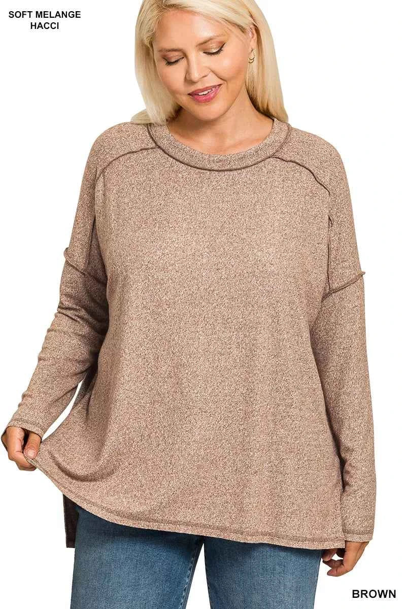 Zenana Full Size Melange Hacci Exposed Seam Hi-low Tee Plus Size fe465c36-2e60-4834-b89d-d54f60bdb7ea-Max-Origin