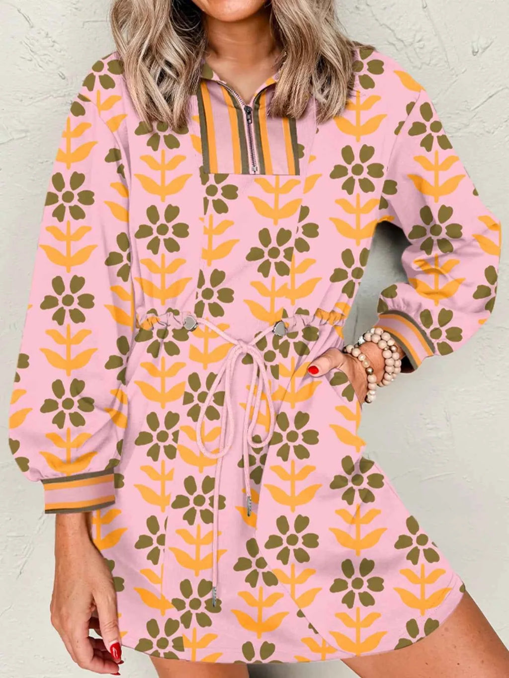 Printed Drawstring Waist Mini Dress Watermelon pink fe47a5da-3589-4ebc-b6a3-2e82d0ef9d67-Max-Origin