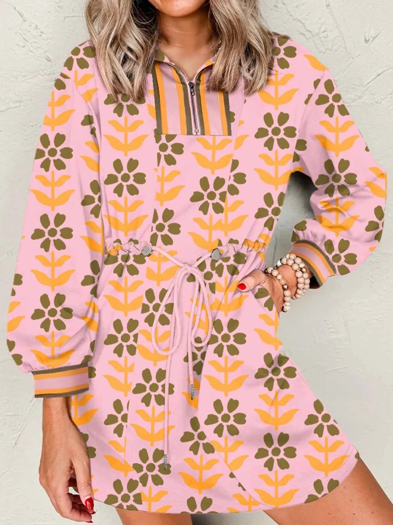Printed Drawstring Waist Mini Dress Watermelon pink fe47a5da-3589-4ebc-b6a3-2e82d0ef9d67-Max-Origin