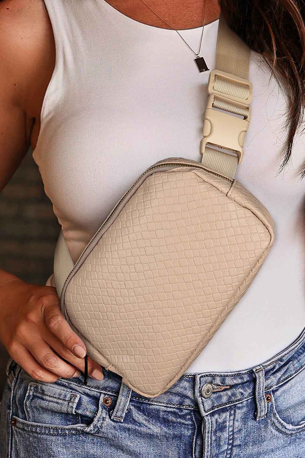 Parchment Checkered Zipped Buckle Strap Leather Crossbody Bag fe4c25c30f16657d