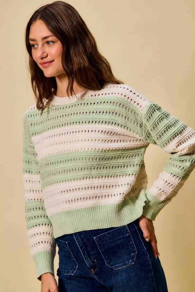 SO ME Openwork Round Neck Wide Stripe Textured Sweater fe4fd2bd-dfe8-4774-9a41-c10c4a606f85-Max-Origin