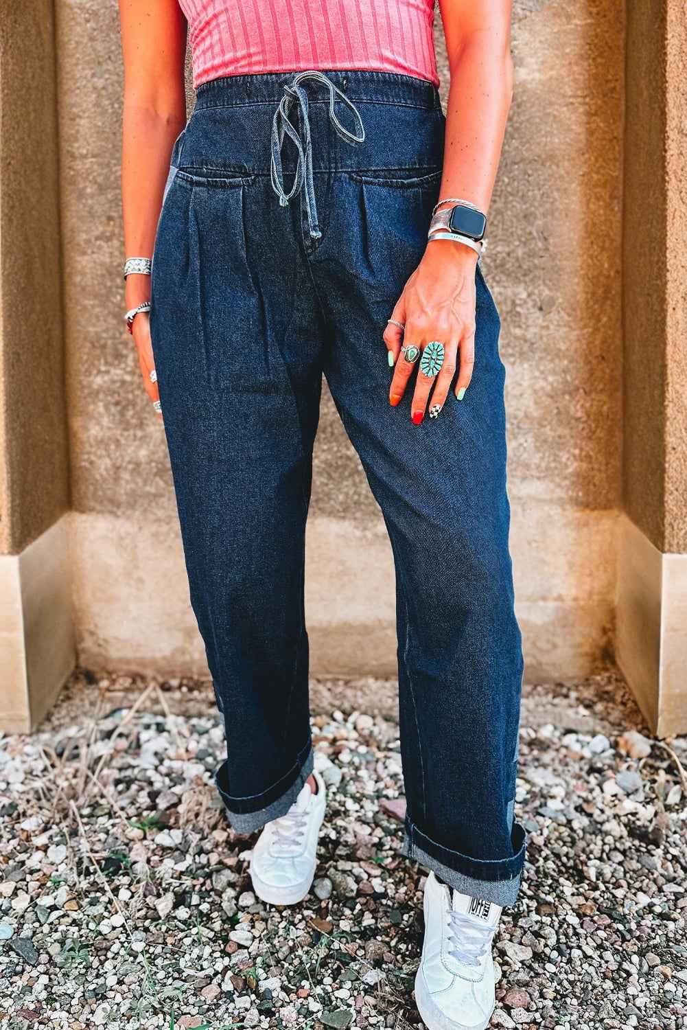 Sail Blue Checkered Side Panel Patchwork Drawstring Loose Denim Pants fe54007c473fcd9e