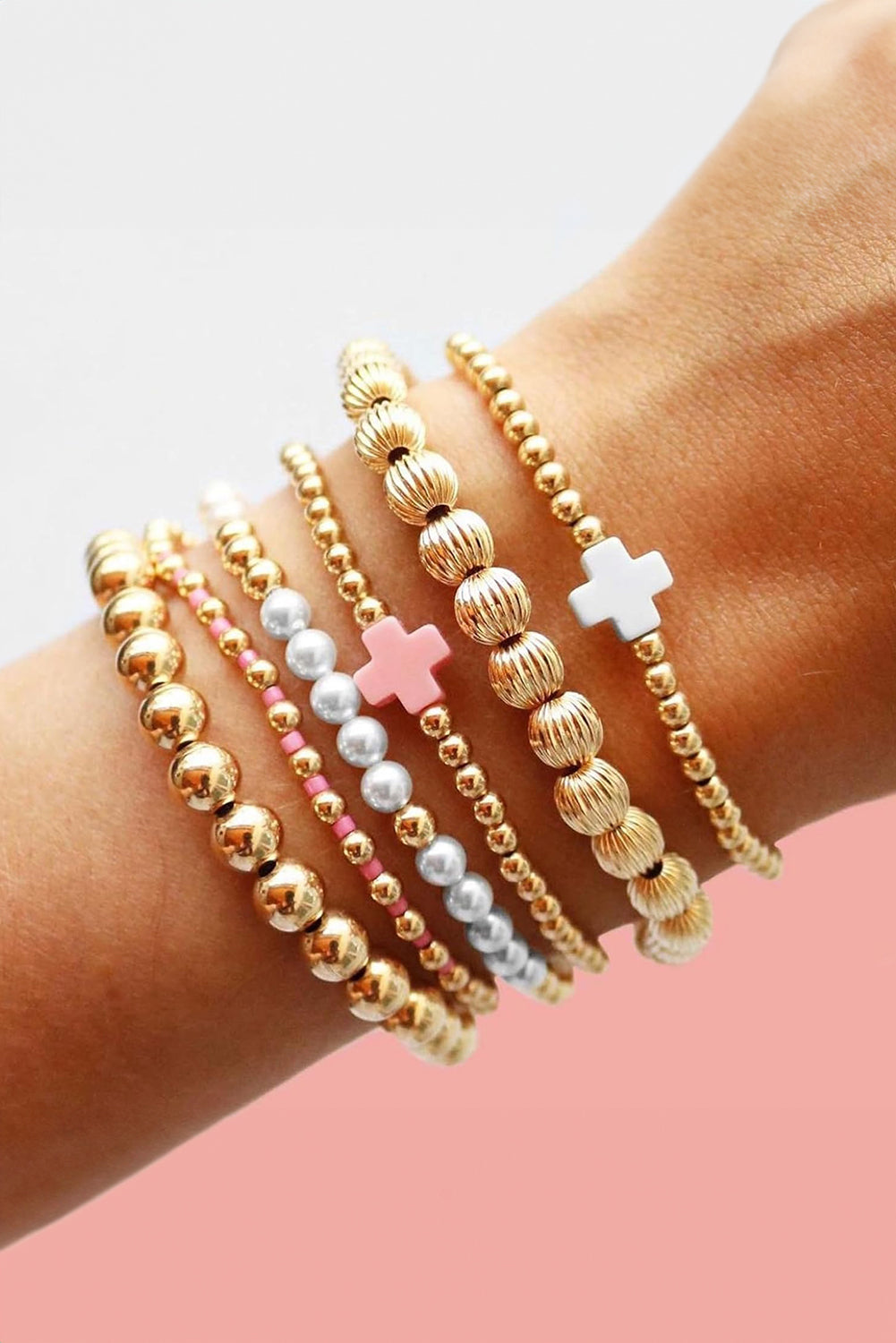 Gold Pearl Cross Beaded Stretch Bracelet Set Gold ONE SIZE Alloy fe55feecf42fdcd9