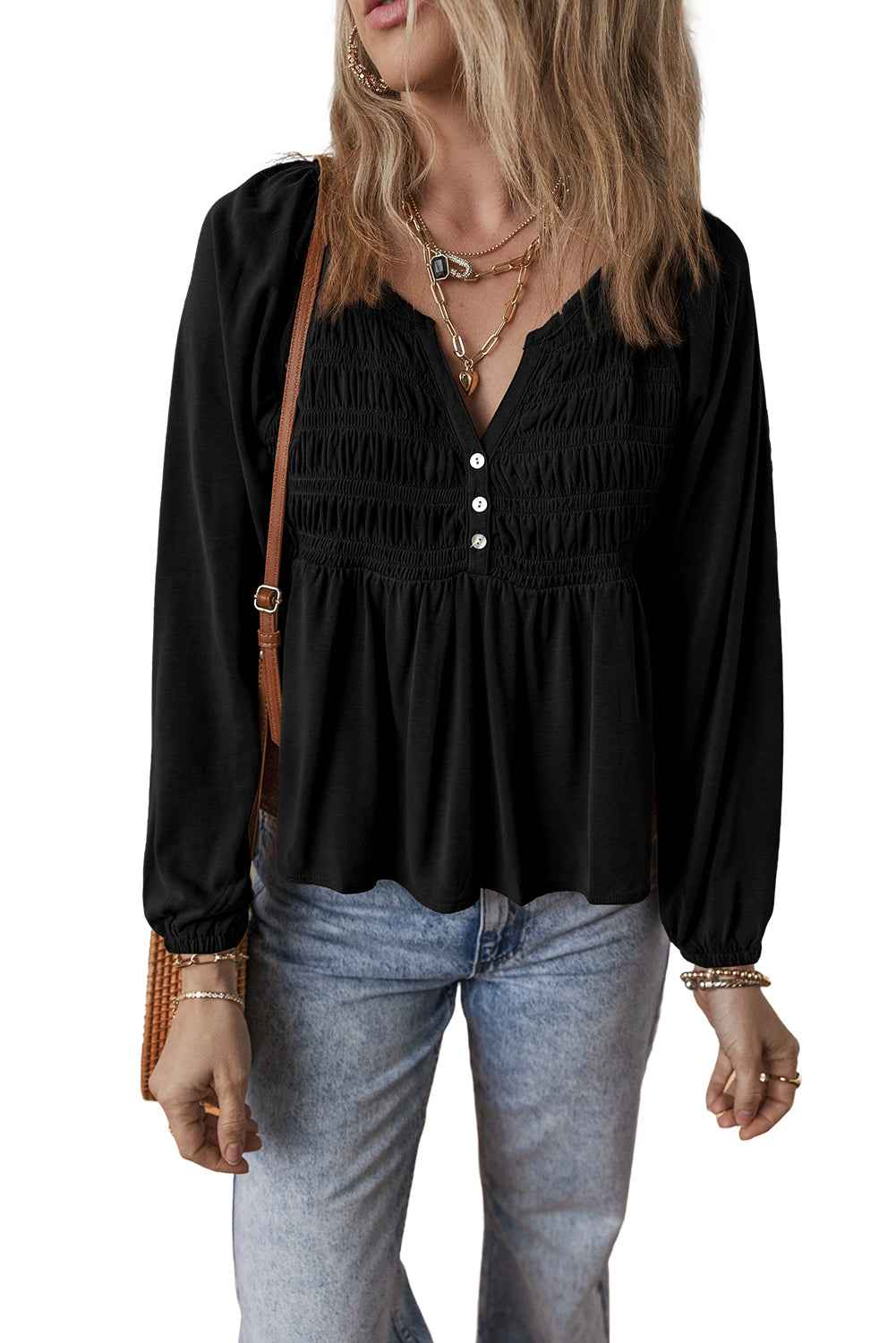 Black Smocked Bust Buttoned Split V Neck Flowy Blouse fe5605186cee192a