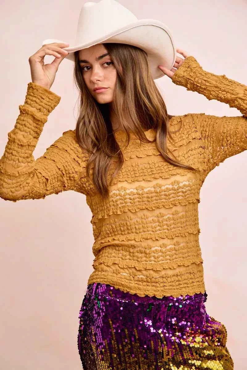 Ruffles Detail Mardi Gras Color Flower Lace Top fe5ddfaa933748d4914173040dde3a2a-Max-Origin