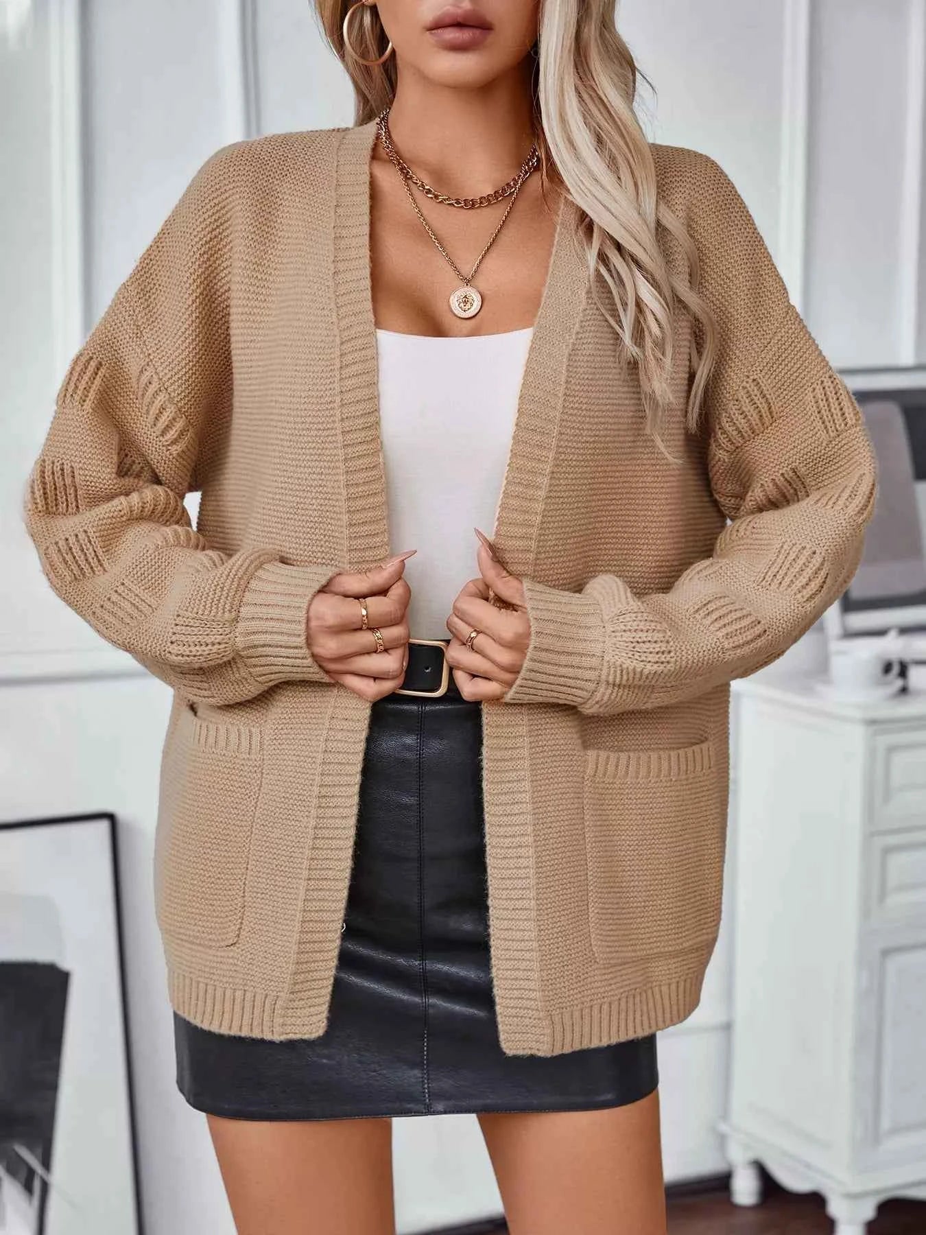Textured Knit Open Front Cardigan Camel fe5e36fa-8356-44d9-855d-7f3218b5b1a0-Max-Origin