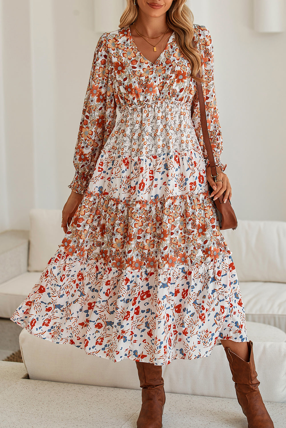 Khaki Floral Print Ruffled Tiered Long Sleeve V Neck Midi Dress fe605bf1016ba29a