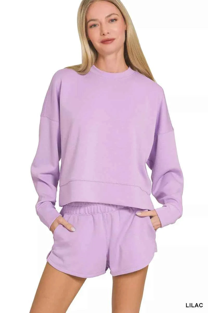 Zenana Scuba Long Sleeve Sweatshirts & Shorts Set LILAC fe627b161e994f5984203b8b46b1851c-Max-Origin