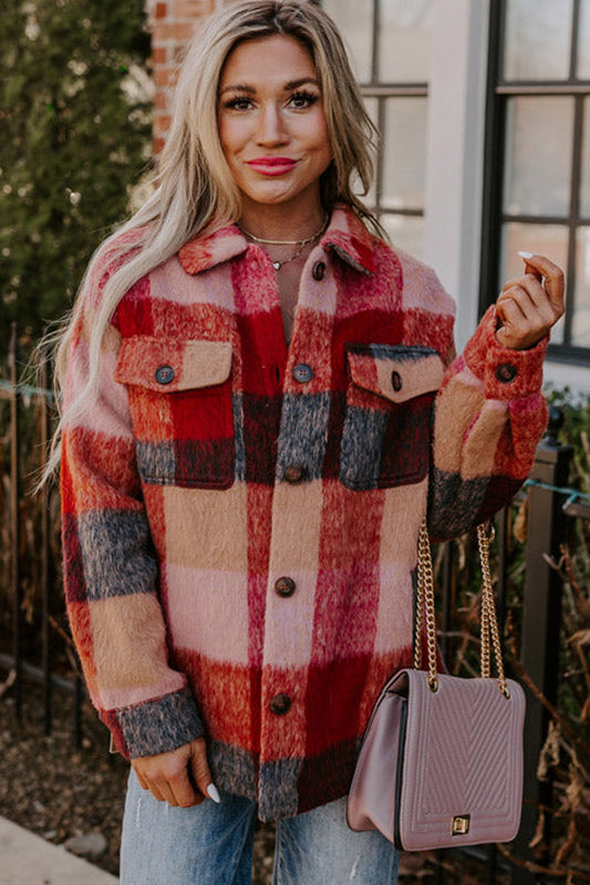 Orange Plaid Print Flap Pockets Buttoned Casual Plus Size Jacket fe6402e5aa35815f
