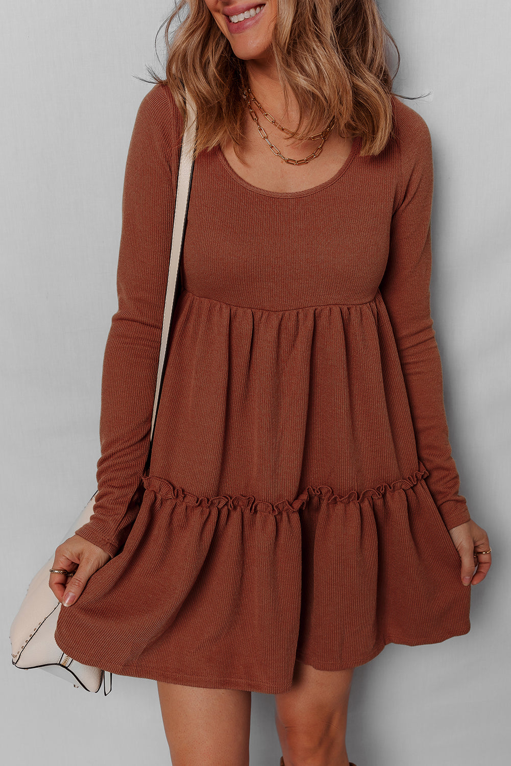 Straw Yellow Ribbed Frilled Trim High Waist Long Sleeve Mini Dress Straw Yellow 95%Polyester+5%Elastane fe6a974e4ada7822