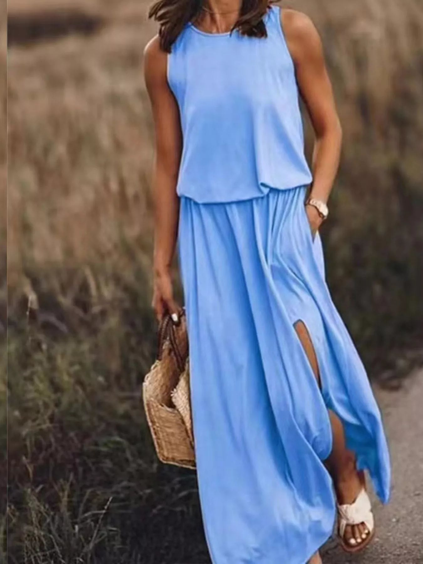 Full Size Round Neck Sleeveless Slit Maxi Dress Plus Size Sky Blue fe6b1b7b-103b-4be3-8d35-763485302d10-Max-Origin