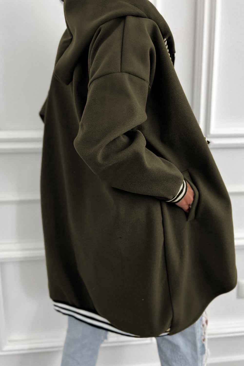 Dark Khaki Contrast Cuffed Drop Shoulder Zip up Tunic Hoodie fe7c65318d2ac303