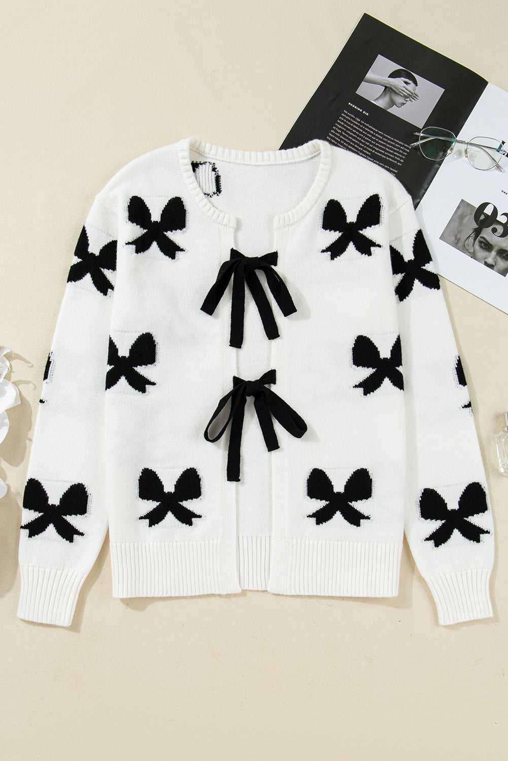 White Lace-Up Front Bow Pattern Round Neck Knit Cardigan fe7ee4b48658e90c