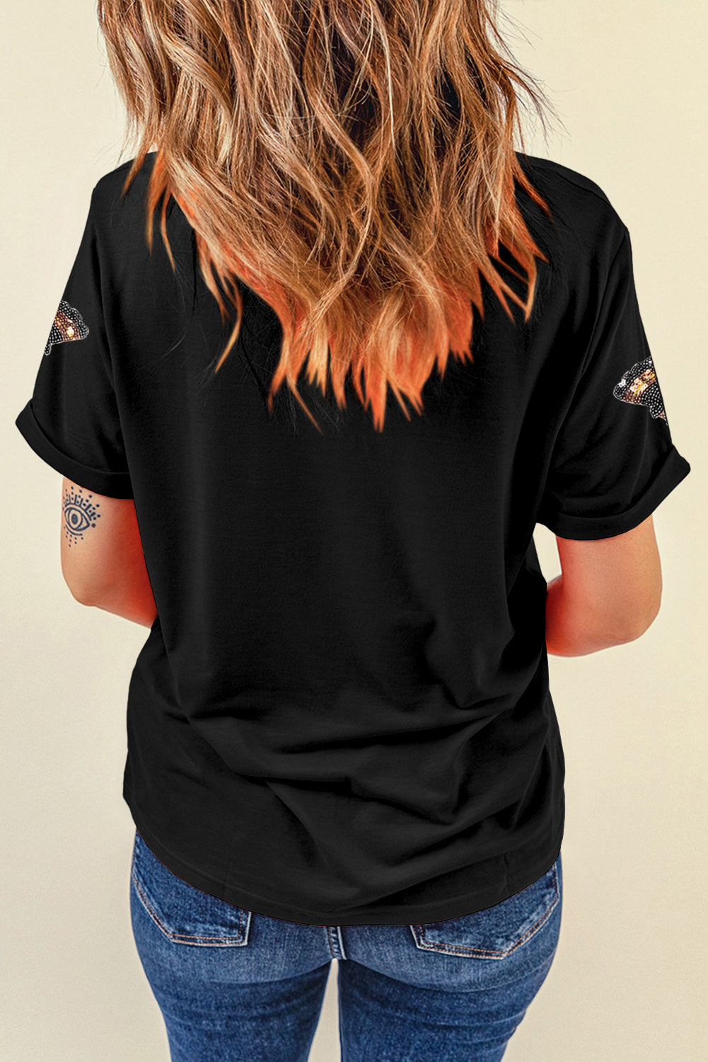 Black Sequin Turkey Patch Application Graphic Tee fe808890f48651b8