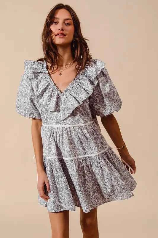 SO ME Cotton Printed Ruffle V Neckline Dress with Side Tie OFF WHITE NAVY fe81e3b61f1c4792aa9f226f62dacc87-Max-Origin