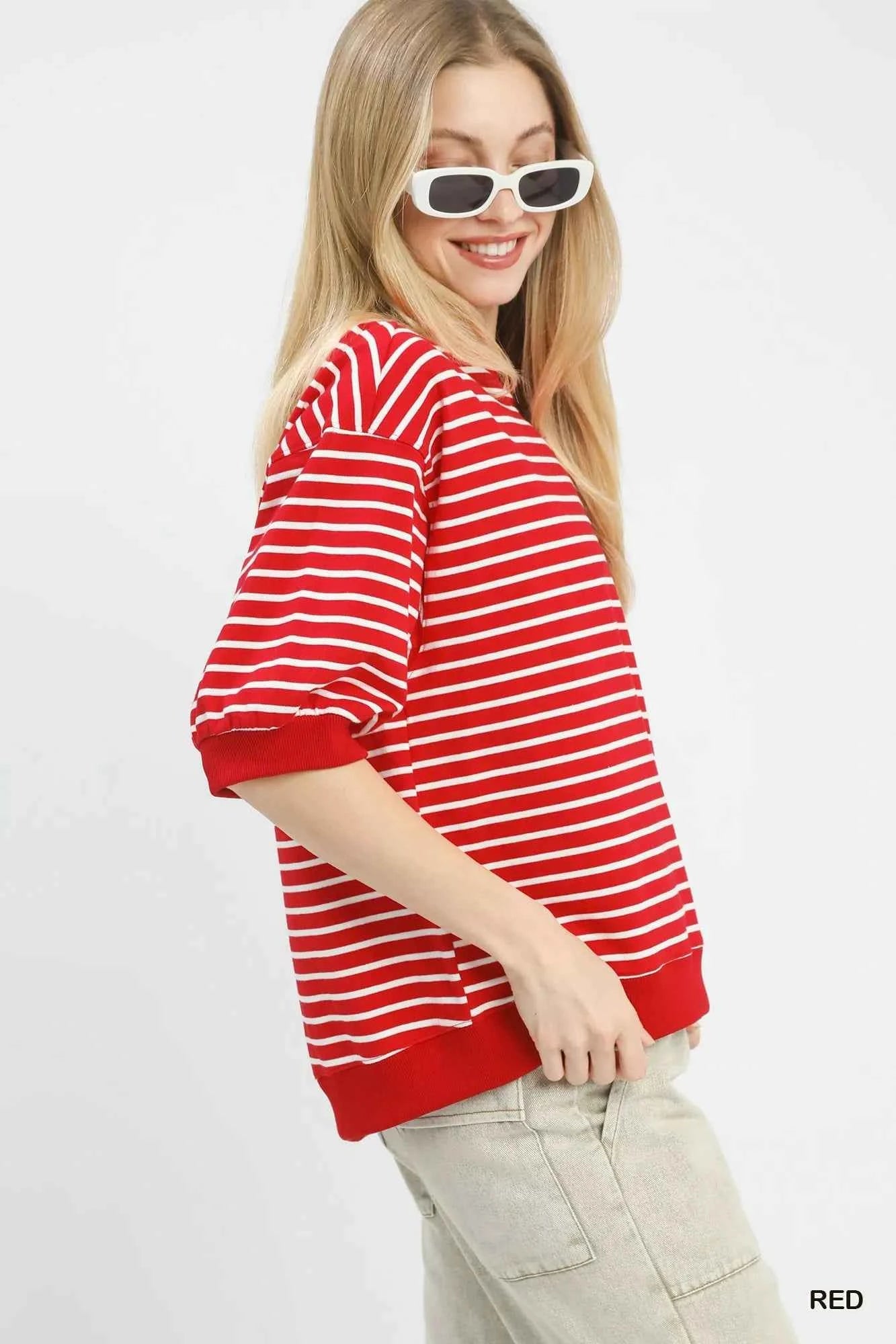 Umgee Striped Short Sleeve Pullover Top fe81e705-1273-482a-ae9b-674f134179ef-Max-Origin