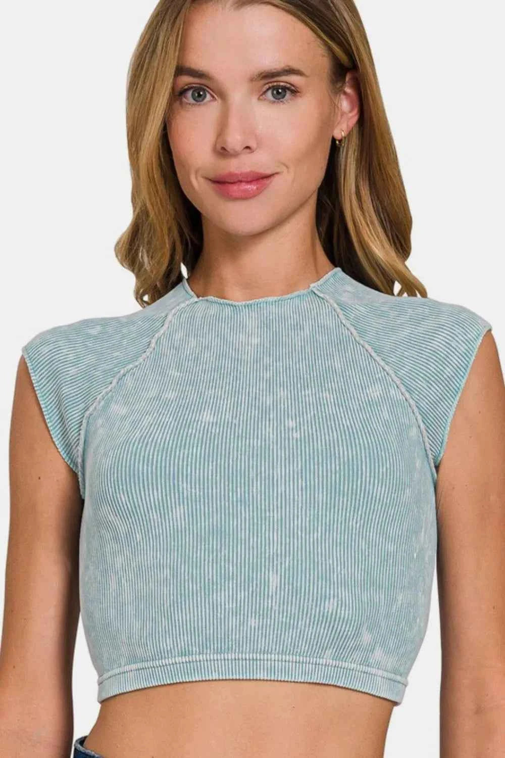 Zenana Ribbed Round Neck Cropped Top Blue Grey fe88277d-5244-42ba-9d34-816131d84388-Max