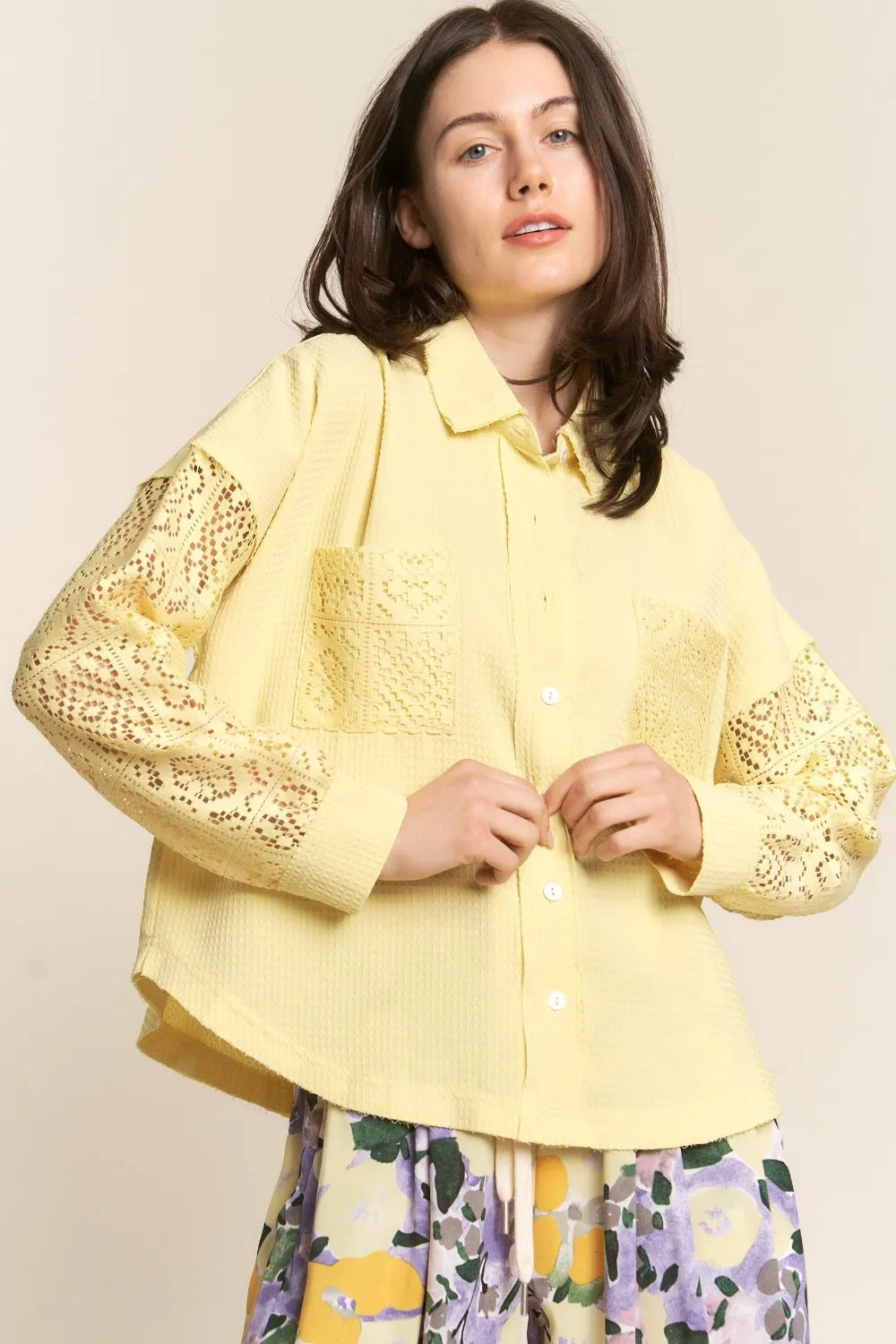 J.NNA Button Down Lace Long Sleeve Waffle Shirt Yellow fe89cee3-31ce-471c-8cea-f0d0a418b1b3-Max