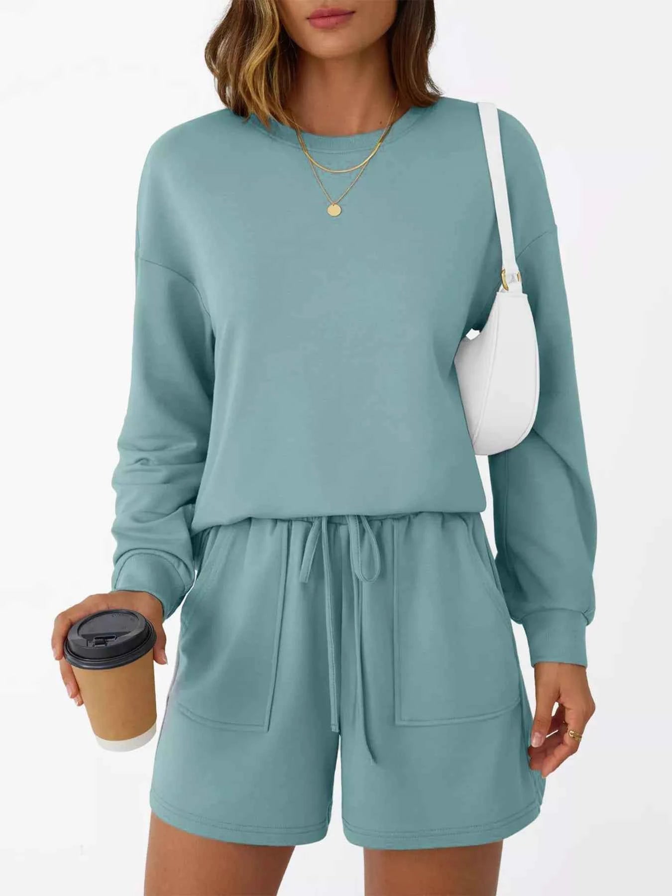 Round Neck Long Sleeve Top and Shorts Set fe9186c878f94ddea79530063d815b3e-Max-Origin