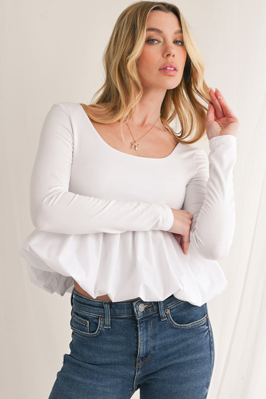 White Elegant Scoop Neck Bubble Hem Long Sleeve Top fe954dc3998818c9