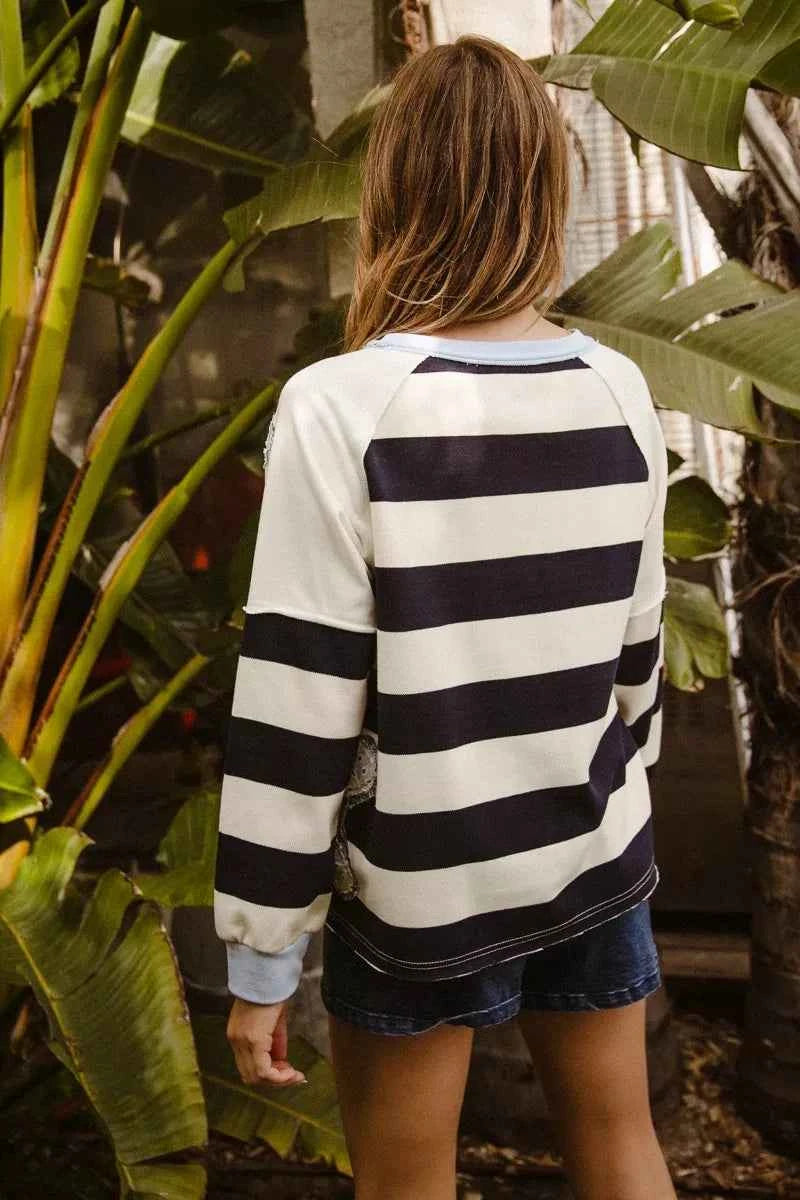 BiBi Patchwork Striped Round Neck Sweatshirt fe9a4a127a1f4472a65e8d06116f3c61-Max-Origin