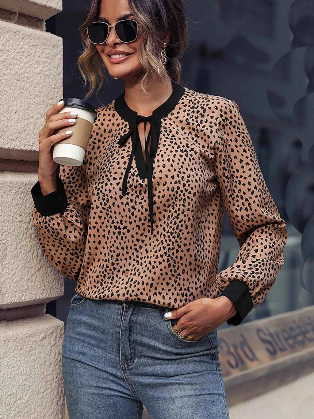 Animal Print Contrast Trim Tie Front Blouse Taupe fea7ed78-dd91-44bf-a1ef-de5109d94b42-Max-Origin
