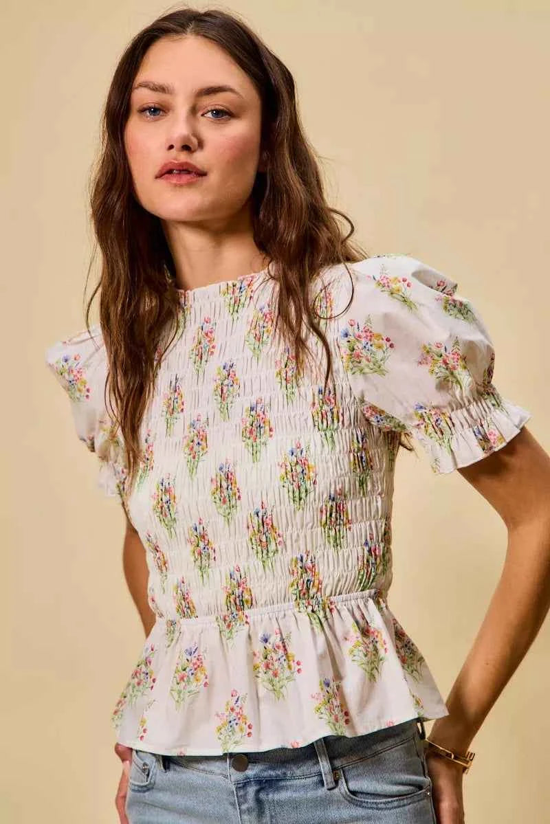 SO ME Floral Cotton Smocked Short Sleeves Blouse fea9b5d966ec4f5097c846d5b7f69ab6-Max-Origin