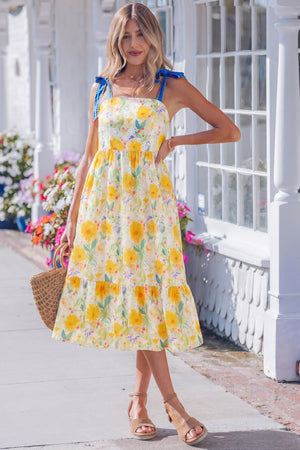 Yellow Floral Print Contrast Stitched Knot Denim Straps High Waist Dress Yellow 100%Polyester feaab8f23c388640