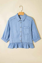 Denim Chambray Ruffle 3/4 Sleeve Buttoned Shirt Beau Blue feab6cae-2122-45b4-97b7-f70ecf8165d1
