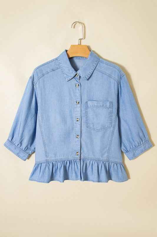 Denim Chambray Ruffle 3/4 Sleeve Buttoned Shirt Beau Blue feab6cae-2122-45b4-97b7-f70ecf8165d1