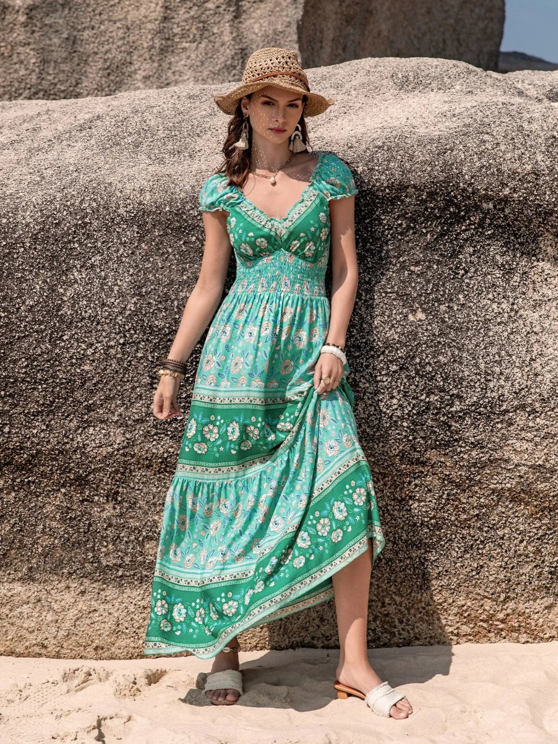 Smocked Printed V-Neck Dress feabe113-9a4c-41c9-a1fc-30818e885def-Max-Origin