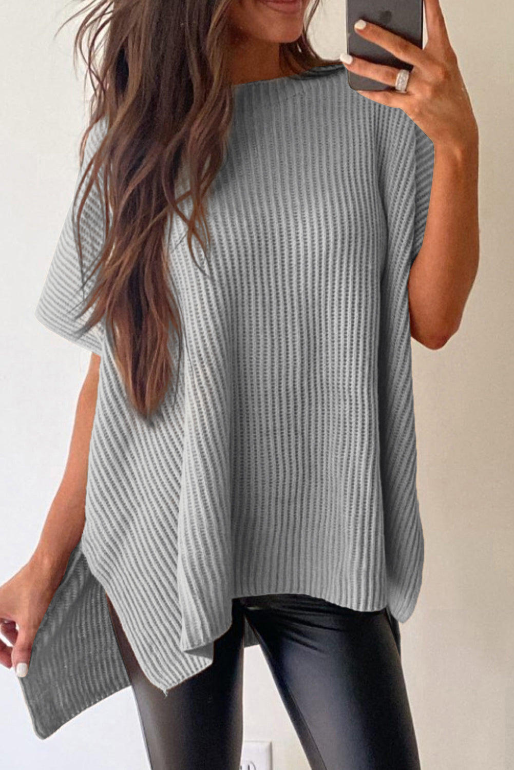 Rose Red Side Slit Short Sleeve Oversized Sweater feb0be2e1d82dbfd
