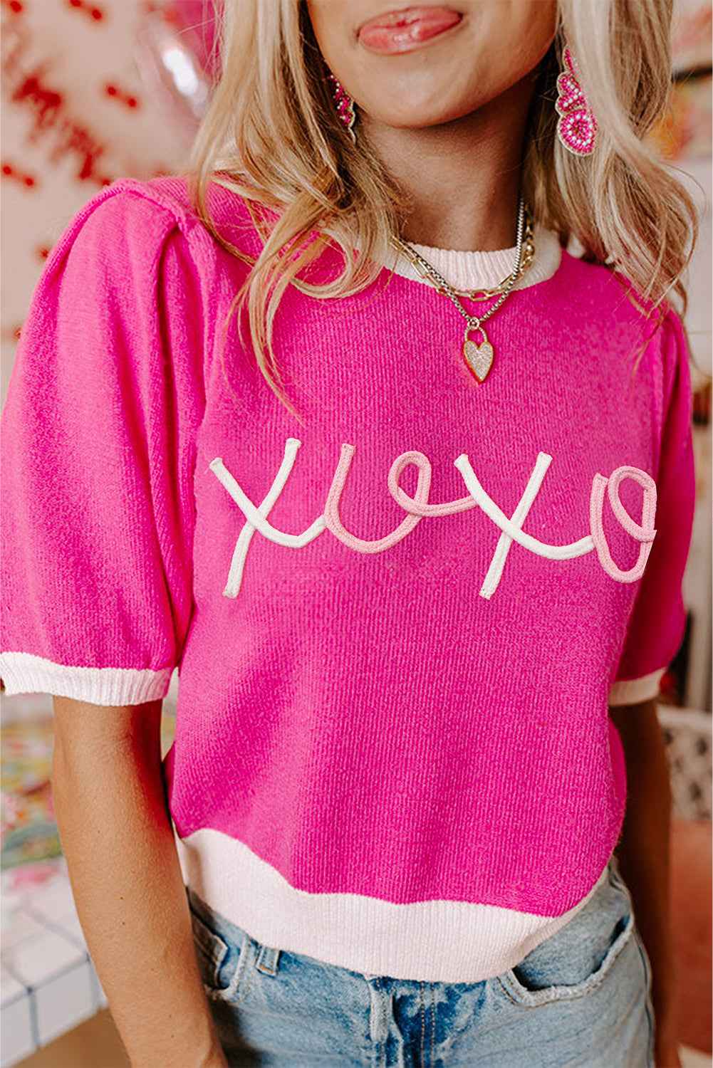 Bright Pink XOXO Embroidered Graphic Valentines Contrast Trim Crew Neck Short Puff Sleeve Sweater Tee Bright Pink 52%Viscose+26%Polyester+22%Polyamide feb4201399b91b4d