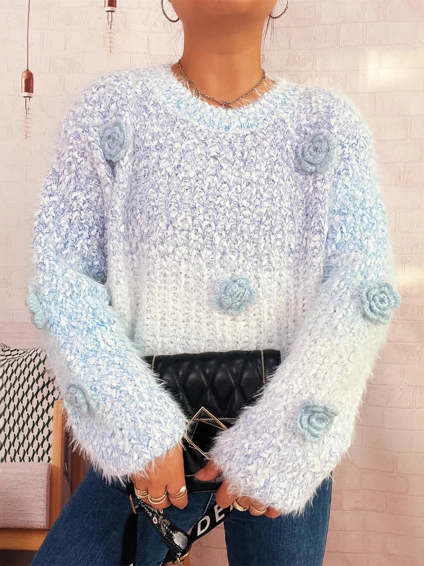 Flower Embellished Round Neck Sweater febab64913a04944ab21f9e8a1548deb-Max-Origin