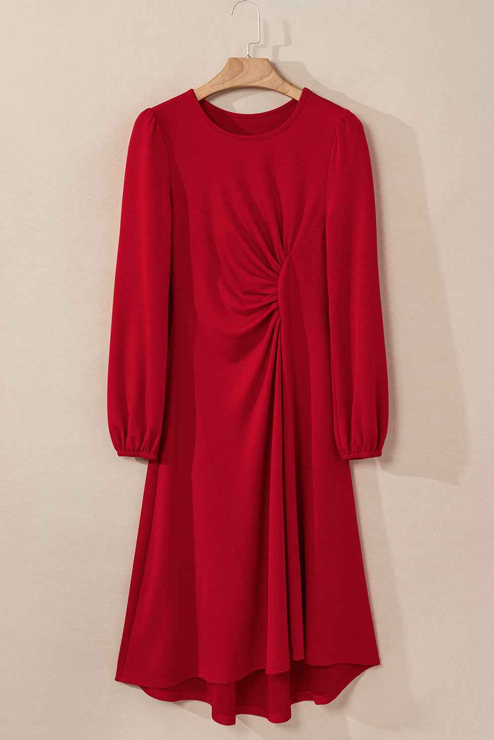 Fiery Red Solid Color Ruched Detail Long Sleeve Midi Dress febb0ca3332e2f9a